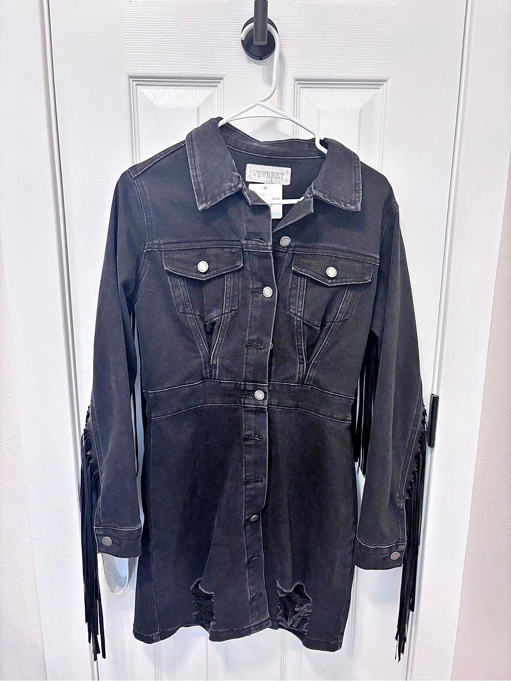 VEVERET Long Denim Dress Black Fringe Size Medium
